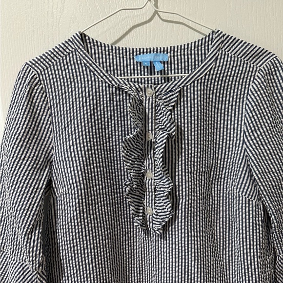 Draper James Blue and White Striped Seersucker Button Up Ruffle Sheath Dress - Picture 5 of 9